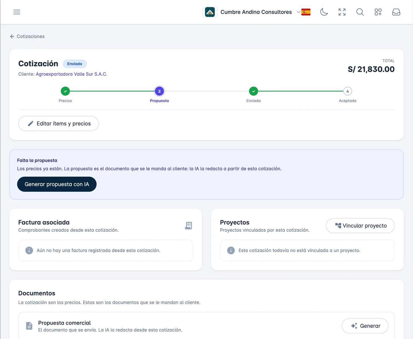 Ficha de una cotización en Alaz 360 con su total, el cliente y el avance de precios, propuesta, envío y aceptación