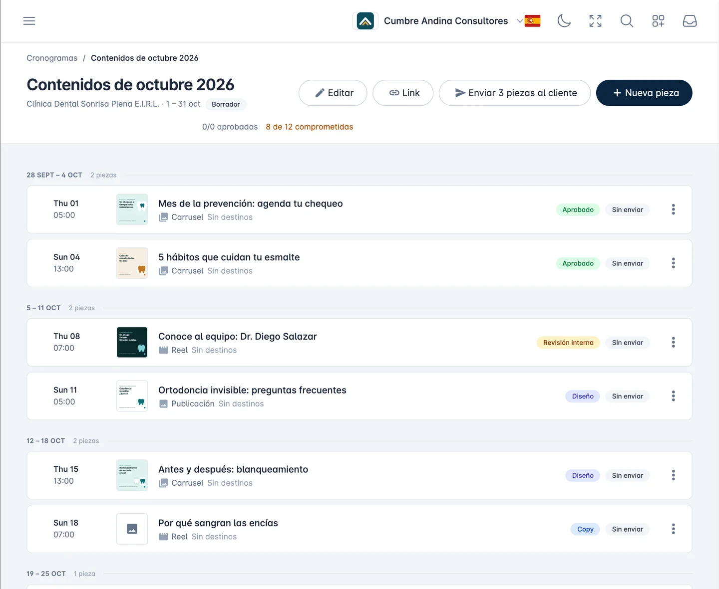 Plan de contenidos mensual en Alaz 360 con las piezas de cada semana, su arte y su estado de producción
