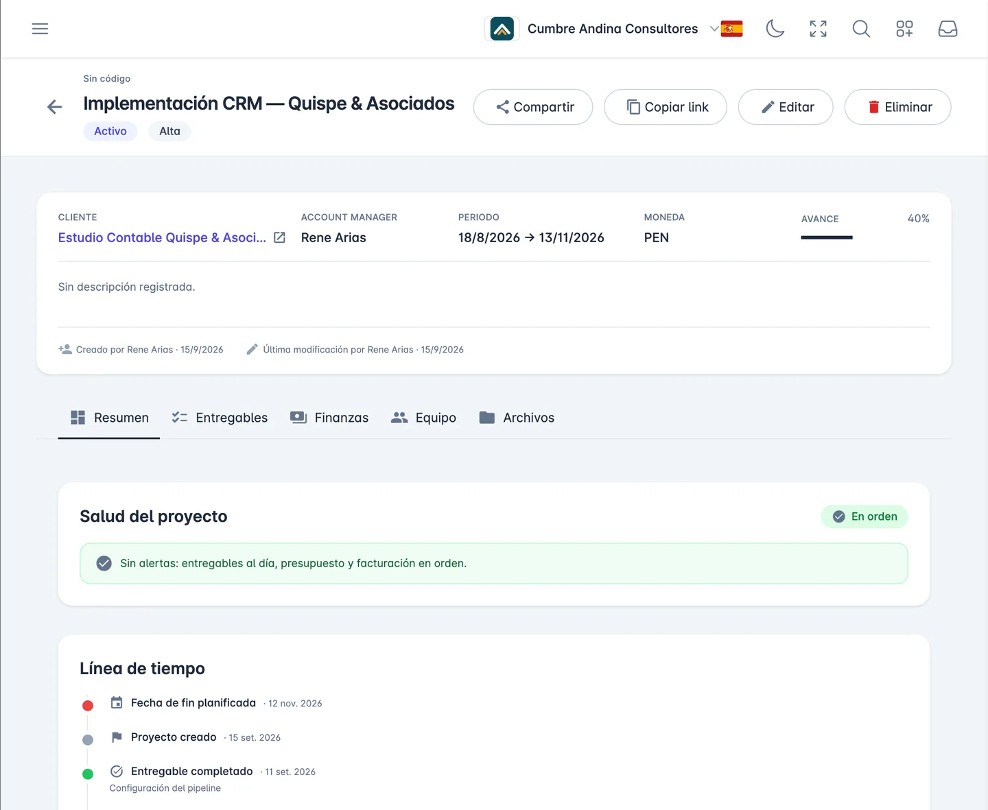 Ficha de un proyecto en Alaz 360 con cliente, periodo, porcentaje de avance y línea de tiempo de entregables